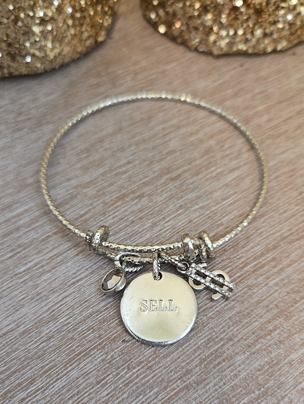 Mary Kay Silver-Tone Charm Bangle Bracelet with Round 'SELL' Disc & Money Charm